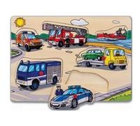 Puzzle en bois a encastrer les vehicules : voiture camion pompier - police 6 pieces - puzzle bouton eichhorn G