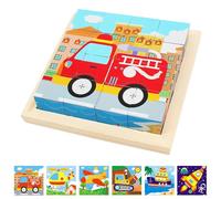 Puzzle en Bois avec 16 Cubes, Puzzles en 3D, 6 en 1 Motifs d'animaux, Puzzle en Bois Montessori, Jouets éducatifs en Bois, Cadeaux pour garçons et Filles de 1 à 8 Ans (Trafic)