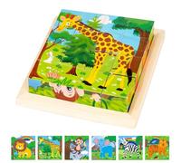 Puzzle en Bois avec 16 Cubes, Puzzles en 3D, 6 en 1 Motifs d'animaux, Puzzle en Bois Montessori, Jouets éducatifs en Bois, Cadeaux pour garçons et Filles de 1 à 8 Ans (La Jungle)
