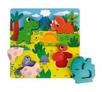 Puzzle en bois cache cache dinosaures - 6 pieces figurines - encastrement bebe 18-36 mois - set jouet educatif et carte animaux