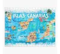 Puzzle en bois Carte de voyage illustrée des îles Canaries avec Tenerife, Gran Canary, Lanzarote, Fuerteventura La Palma Gomera et Hierro 300 pièces 38x26 cm jouet décoration mu