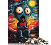 Puzzle en Bois créatif représentant Une créature Bleue Tenant Un cœur, 500 pièces, pour Adolescents, Jeu Familial Stimulant et créatif, Niveau de difficulté varié (52 x 38 cm).