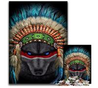 Puzzle en Bois de 1 000 pièces représentant Un Chef de Guerre Indien et Un Loup pour la décoration intérieure et Les fêtes de Fin d'année. 50x75cm.