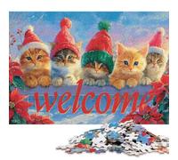 Puzzle en Bois de 1000 pièces - Chat de Noël - Panneau de Bienvenue - Activité familiale - Cadeau de Noël - 1000 pièces (75 x 50 cm)