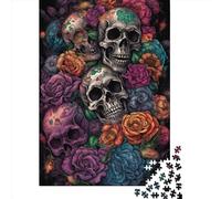 Puzzle en bois de 1000 pièces, crâne et roses, crâne et roses, 5 puzzles créatifs rectangulaires, cadeau de Noël pour famille, amis, 1000 pièces (75 x 50 cm)