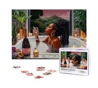 Puzzle en bois de 1000 pièces - Femme noire Art de l'Afro-Américaine se détendre dans le bain avec du vin, cadeau de pleine conscience stimulant pour elle