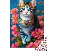 Puzzle en bois de 1000 pièces pour adultes et adolescents, motif fleurs et chats, idéal pour l'apprentissage et l'éducation (75 x 50 cm).