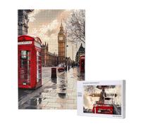 Puzzle en bois de 1000 pièces pour adultes et familles - Cabine téléphonique rouge London Street - Puzzle d'art pour soirées de jeu, décoration d'intérieur, soulagement du stress et entraînement