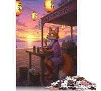 Puzzle en Bois de 1000 pièces représentant Un Renard Mangeant des Ramen au Coucher du Soleil. Jeu éducatif Familial pour Adultes. Idée Cadeau pour Noël et Anniversaire. 1000 pièces (75 x 50 cm).