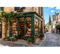 Puzzle en Bois de 1000 pièces représentant Une librairie européenne au Coin d'une Rue, Ambiance de Village Chaleureux.