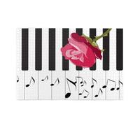 Puzzle en Bois de 1000 pièces représentant Une Rose Rouge sur Un Piano, avec des Notes de Musique.
