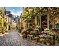 Puzzle en Bois de 1000 pièces représentant Une Rue commerçante avec Un Fleuriste, pour Adultes. Illustration d'une Rue de Ville européenne.