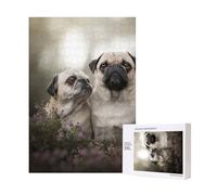 Puzzle en Bois de 300 pièces représentant Une Famille de carlins (Effet Bokeh), Une mère et Son Petit, pour Un Moment de détente en Famille.