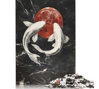Puzzle en bois de 500 pièces en forme de poisson koï et de lune de sang pour adultes et adolescents - Casse-tête pour adultes - 500 pièces (52 x 38 cm)