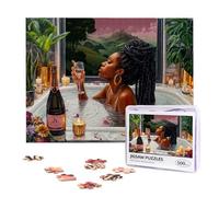 Puzzle en bois de 500 pièces pour adultes - Femme noire, soins personnels et relaxation, profiter du bain avec du vin, art afro-américain pour la pleine conscience, cadeau d'amour personnel pour elle