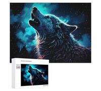 Puzzle en Bois Détaillé Wolf Howling at Night Sky pour Adultes, 500 PCS
