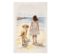 Puzzle en Bois Élégant Girl and Lab on Beach pour Adultes, 1000 PCS