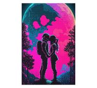 Puzzle en Bois Illustré Neon Romance Astronauts Under The Moonlight pour Adultes, 1000 PCS