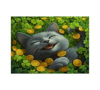 Puzzle en bois imprimé chat bleu russe pour adultes de 500 pièces, trèfle et chaton imprimé, décorations de trèfle pour fête de divertissement