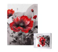 Puzzle en bois imprimé de peinture à l'encre de fleur rouge avec boîte de rangement pour adultes et enfants, jeu décoratif amusant en famille de 500 pièces