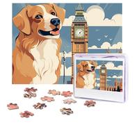 Puzzle en bois personnalisé de 500 pièces pour adultes : un chien assis à côté d'un bâtiment et Big Ben à partir de photos pour famille, mariage, Noël, anniversaire