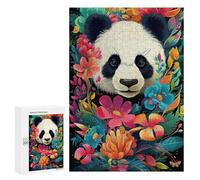 Puzzle en bois pour adultes - 300/500/1 000 pièces - Panda floral coloré - Poster abstrait - Art naïf - Puzzle en bois de forme unique - Cadeau d'anniversaire pour adultes et enfants - Jeu familial
