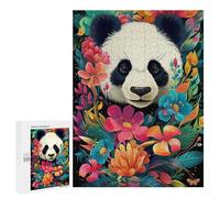 Puzzle en bois pour adultes - 300/500/1 000 pièces - Panda floral coloré - Poster abstrait - Art naïf - Puzzle en bois de forme unique - Cadeau d'anniversaire pour adultes et enfants - Jeu familial