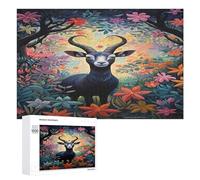 Puzzle en bois pour adultes - 300/500/1000 pièces - Motif chèvre florale colorée - Affiche abstraite - Art naïf - Puzzle en bois horizontal - Cadeaux pour hommes, femmes et personnes âgées - Jeu