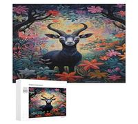 Puzzle en bois pour adultes - 300/500/1000 pièces - Motif chèvre florale colorée - Affiche abstraite - Art naïf - Puzzle en bois horizontal - Cadeaux pour hommes, femmes et personnes âgées - Jeu