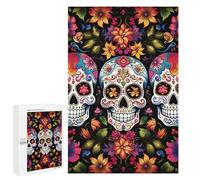 Puzzle en bois pour adultes, crânes de fleurs colorées imprimées pour adultes, livré avec une belle boîte