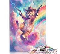 Puzzle en Bois pour Adultes et Adolescents, Motif Cowboy fantaisiste, Chat et fusils, pour Une soirée Jeux en Famille, 1 000 pièces (75 x 50 cm).