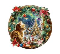Puzzle en bois pour adultes et enfants : Christmas is a Cat Puzzle rond 285 pièces - Coffret cadeau premium pour décoration murale (34 x 34 cm)