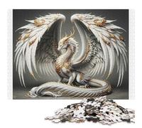 Puzzle en Bois pour Adultes « Michel, Dragon Blanc aux Ailes d'ange et Bordure dorée pour Noël ou Un Anniversaire - 1000 pièces (75 x 50 cm)