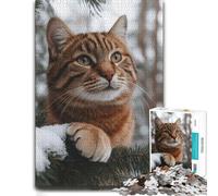 Puzzle en Bois pour Adultes, Motif Tabby Cat in Snowy Pine Tree, 500 PCS
