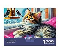 Puzzle en Carton de 1000 pièces « Chat Mignon se prélassant à la fenêtre », encadrable, idéal pour Une activité de Groupe, Une Maison de Retraite ou Un Loisir créatif. Dimensions : 52 x 38 cm.