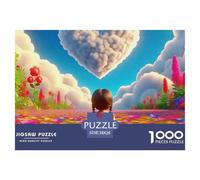 Puzzle en Carton recyclé Fleurs d'amour Visages de Fille, cœur et Nuage dans Un Champ. Idéal pour Les Adultes et Les Enfants à partir de 12 Ans. Cadeau Parfait. 38 x 26 cm/1000 pièces