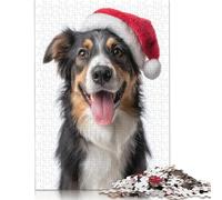Puzzle en Carton représentant Un Chien Collie avec Un Chapeau de Père Noël, idéal pour Un Cadeau de Noël, pour garçon ou Fille, 1 000 pièces (75 x 50 cm)