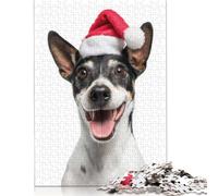 Puzzle en carton représentant un chien terrier raton laveur avec un chapeau de Père Noël, idéal pour les familles, idéal comme cadeau d'anniversaire pour enfants et adultes, 1 000 pièces (75 x 50 cm).