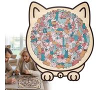 Puzzle en forme de chat, puzzle en bois coloré de 135 pièces, encadré par d'adorables chats, puzzles en bois décoratifs pour les amateurs de Ca-t - 23 x 21 cm (macaron)