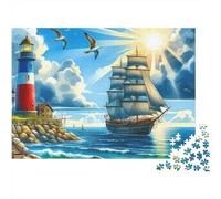 Puzzle en Papier recyclé représentant Un voilier près d'un Phare, sous Un Soleil radieux. Jeu éducatif pour Adultes de 14 à 99 Ans. Dimensions 70x50 cm/1000pcs.