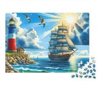 Puzzle en Papier recyclé représentant Un voilier près d'un Phare, sous Un Soleil radieux. Jeu éducatif pour Adultes de 14 à 99 Ans. Format 52x38 cm/1000pcs.