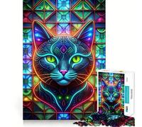 Puzzle en vitrail Chat néon pour Adultes, 1000 pièces, Jeu de logique et de détente, Bords Lisses, Cadeau Original (38x52cm)