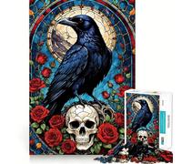 Puzzle en vitrail Corbeau sur crâne avec Roses pour Adolescents, 1000 pièces, Jeu de logique et de réflexion, Jeu apaisant, découpe précise, (38x26cm)