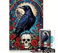 Puzzle en vitrail Corbeau sur crâne avec Roses pour Adolescents, 1000 pièces, Jeu de logique Transparent, Plaisir Lent, découpe Parfaite, Surprise d'anniversaire (50x75cm)