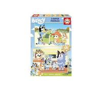 Puzzle Enfant 2 X 50 Pieces Journee Detente Pour Bluey, Plage Et Restaurant - Personnages Dessin Anime - Set Puzzle + Carte Animaux
