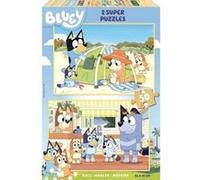 Puzzle enfant 2 x 50 pieces journee detente pour bluey plage et restaurant - personnages dessin anime - set puzzle + carte animaux