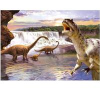 Puzzle Enfant 260 Pieces - la Plaine des Dinosaures : Famille de branchiosaurus et t-Rex - Set Collection Dino et préhistoire + Carte Tigre