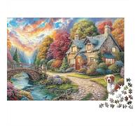 Puzzle épais 1000 pièces Cottage d'automne pour Adultes, Chien, Cottage, Automne, Pont, rivière, Premium Robuste Haute qualité Vibrant Stimulant Difficile Complexe Anti-Stress 70x50cm