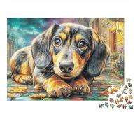 Puzzle Épais Teckel Chiot 1000 Pièces pour Adultes Teckel Rue Automne Ville Premium Robuste Haute Qualité Vibrant Difficile Anti-Stress 38x26cm