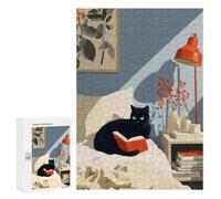 Puzzle Familial Black Cat Reading A Book on A Bed, 300 PCS, Illustration Détaillée, comme Loisir Polyvalent pour Les Amateurs De Puzzles